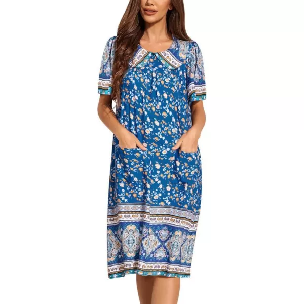 Ekouaer House Dresses for Women with Pockets Mumu Duster Short Sleeve Nightgown Lounger Printed Patio Dress SXXXLFloral Blue