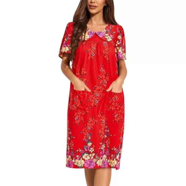 Ekouaer House Dresses for Women with Pockets Mumu Duster Short Sleeve Nightgown Lounger Printed Patio Dress SXXXLFloral Red