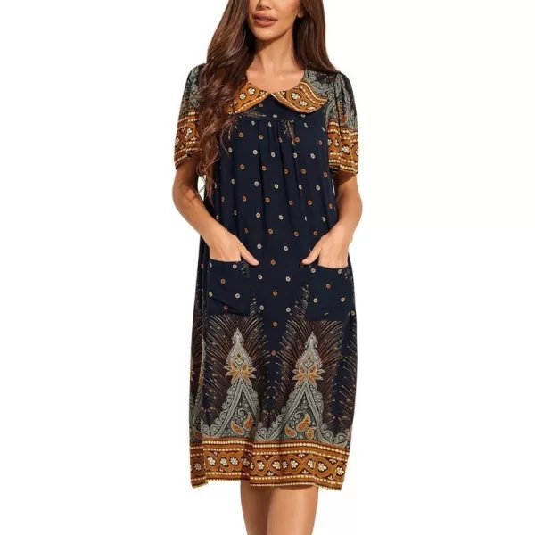 Ekouaer House Dresses for Women with Pockets Mumu Duster Short Sleeve Nightgown Lounger Printed Patio Dress SXXXLPeacock Navy