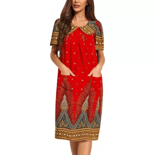 Ekouaer House Dresses for Women with Pockets Mumu Duster Short Sleeve Nightgown Lounger Printed Patio Dress SXXXLPeacock Red