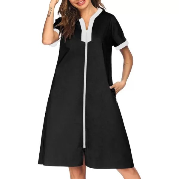 Ekouaer Housecoat Women Zipper Front Duster Robe Short Sleeve Lounger Housedress Pockets Nightgown Casual Nights SXXXLBlack