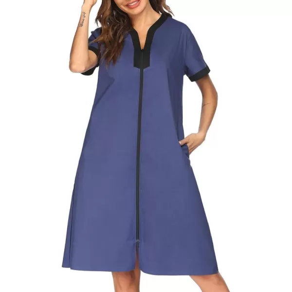 Ekouaer Housecoat Women Zipper Front Duster Robe Short Sleeve Lounger Housedress Pockets Nightgown Casual Nights SXXXLNavyblue2