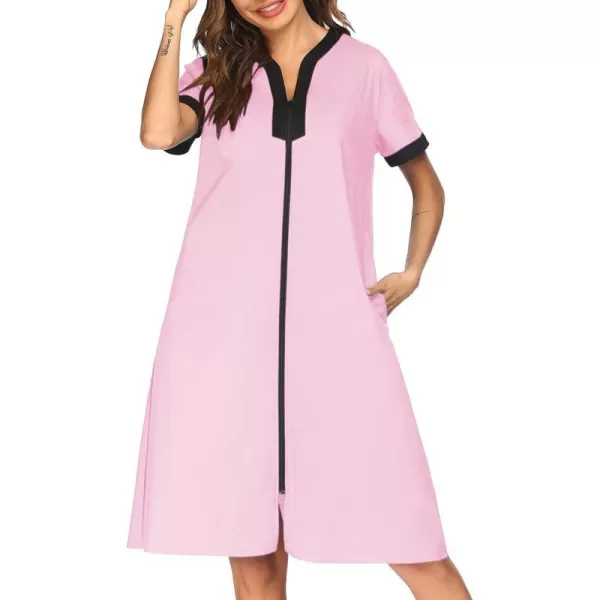 Ekouaer Housecoat Women Zipper Front Duster Robe Short Sleeve Lounger Housedress Pockets Nightgown Casual Nights SXXXLPink