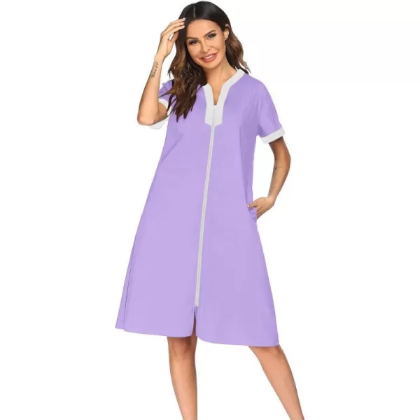 Ekouaer Housecoat Women Zipper Front Duster Robe Short Sleeve Lounger Housedress Pockets Nightgown Casual Nights SXXXLPurple