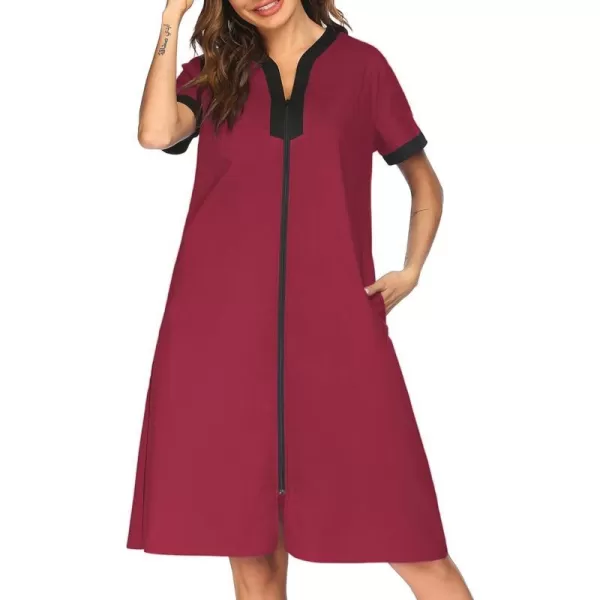 Ekouaer Housecoat Women Zipper Front Duster Robe Short Sleeve Lounger Housedress Pockets Nightgown Casual Nights SXXXLWine Red2