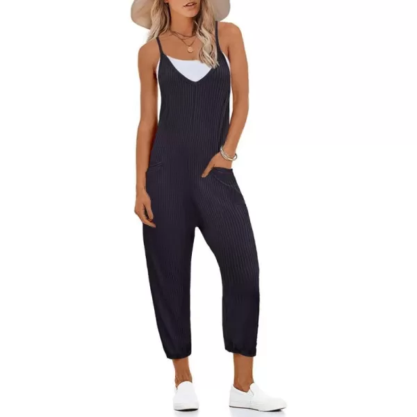 Ekouaer Jumpsuits for Women Sleeveless Spaghetti Strap Ribbed Overall Jumpsuit V Neck Summer Romper with Pockets 2024Ablack