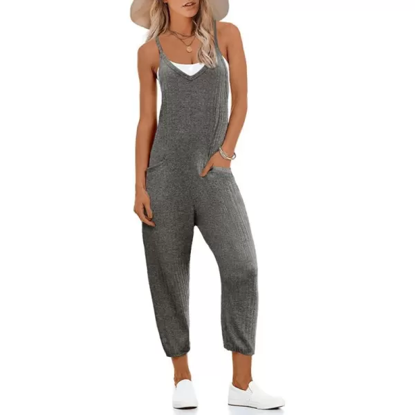 Ekouaer Jumpsuits for Women Sleeveless Spaghetti Strap Ribbed Overall Jumpsuit V Neck Summer Romper with Pockets 2024Dark Grey