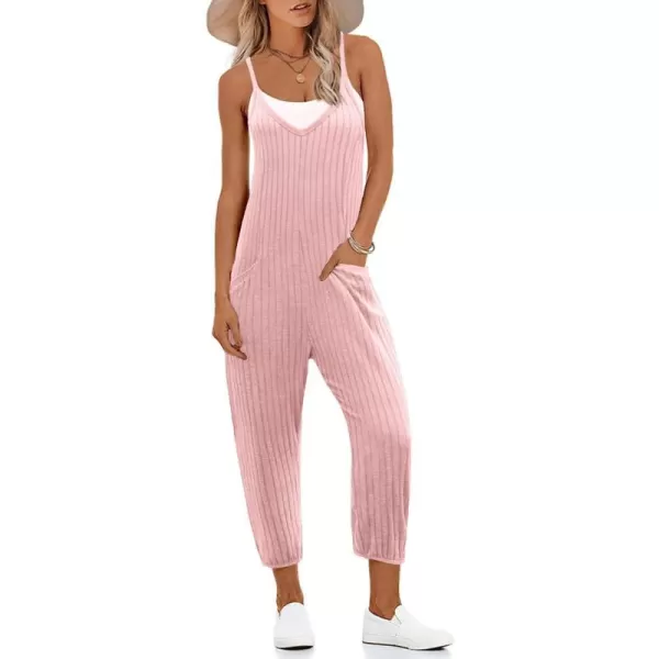 Ekouaer Jumpsuits for Women Sleeveless Spaghetti Strap Ribbed Overall Jumpsuit V Neck Summer Romper with Pockets 2024Pink