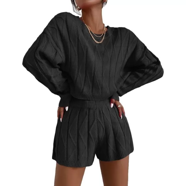 Ekouaer Knit Lounge Sets for Women 2 Piece Cozy Long Sleeve Pullover Sweater Top and Shorts Set Sweatsuit OutfitsBlack