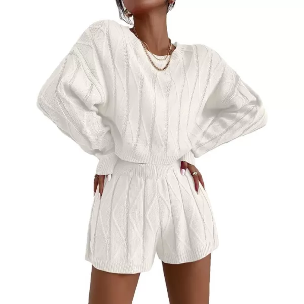 Ekouaer Knit Lounge Sets for Women 2 Piece Cozy Long Sleeve Pullover Sweater Top and Shorts Set Sweatsuit OutfitsBwhite