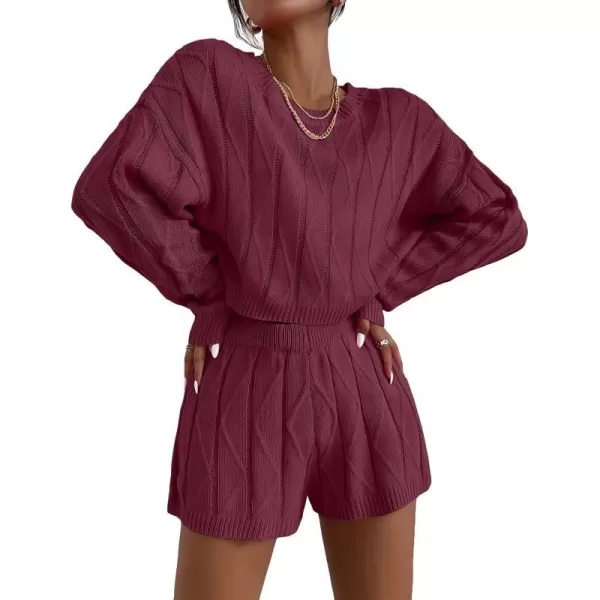 Ekouaer Knit Lounge Sets for Women 2 Piece Cozy Long Sleeve Pullover Sweater Top and Shorts Set Sweatsuit OutfitsDark Red