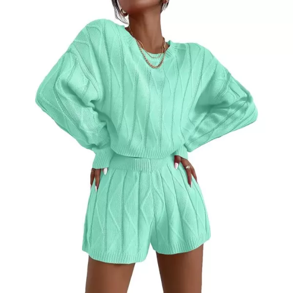 Ekouaer Knit Lounge Sets for Women 2 Piece Cozy Long Sleeve Pullover Sweater Top and Shorts Set Sweatsuit OutfitsGreen