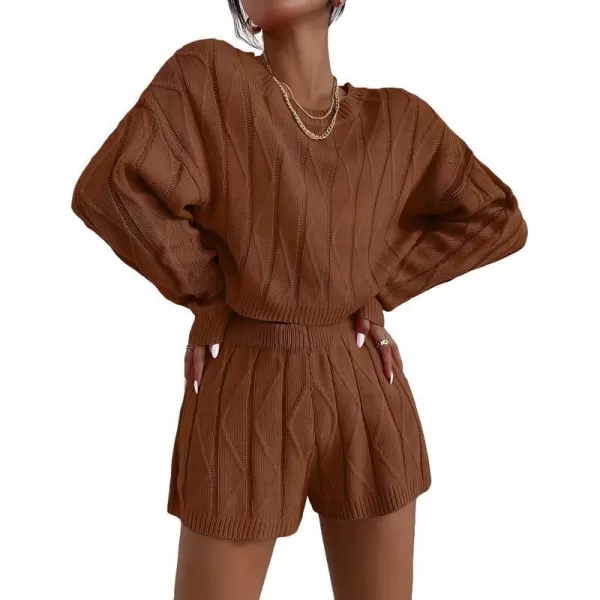 Ekouaer Knit Lounge Sets for Women 2 Piece Cozy Long Sleeve Pullover Sweater Top and Shorts Set Sweatsuit OutfitsLight Brown