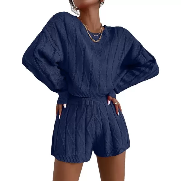 Ekouaer Knit Lounge Sets for Women 2 Piece Cozy Long Sleeve Pullover Sweater Top and Shorts Set Sweatsuit OutfitsNavy Blue