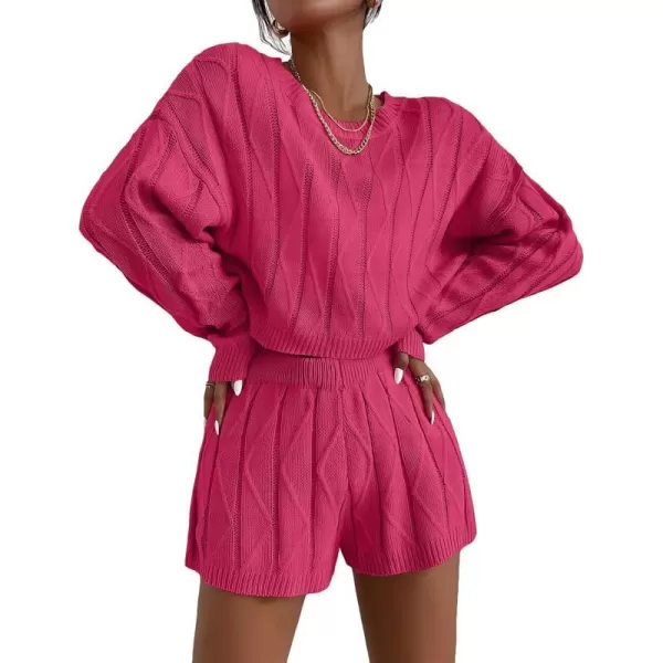 Ekouaer Knit Lounge Sets for Women 2 Piece Cozy Long Sleeve Pullover Sweater Top and Shorts Set Sweatsuit OutfitsRed Rose