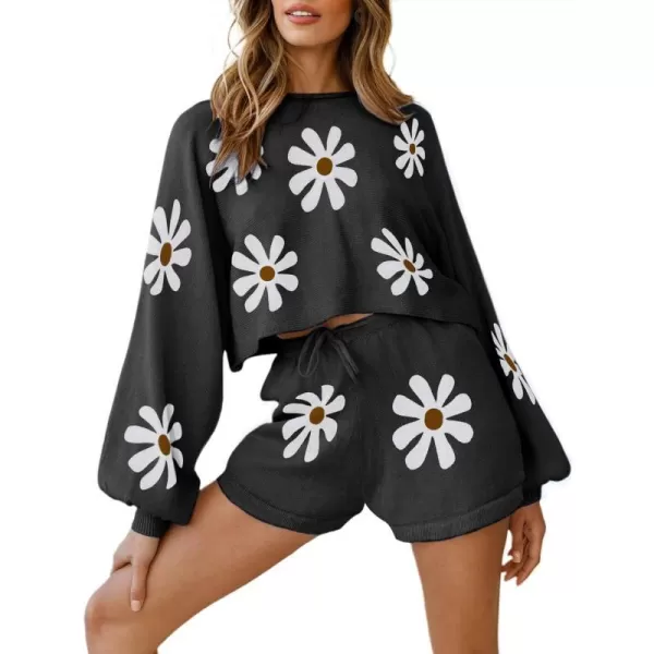 Ekouaer Knit Pajamas Set for Women Lounge Wear Sets Long Sleeve Sweatsuit Matching 2 Piece Outfits Casual Sweater Sets SXXLA Floral Black