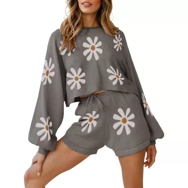 Ekouaer Knit Pajamas Set for Women Lounge Wear Sets Long Sleeve Sweatsuit Matching 2 Piece Outfits Casual Sweater Sets SXXLA Floral Dark Grey