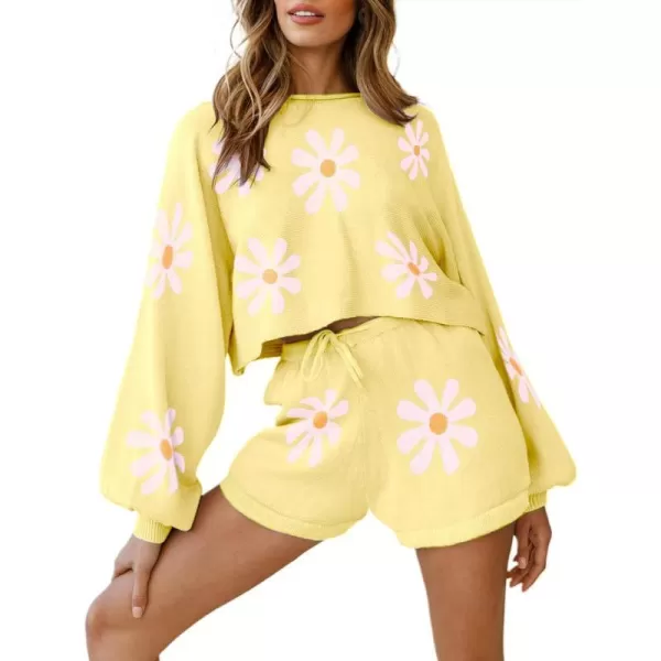 Ekouaer Knit Pajamas Set for Women Lounge Wear Sets Long Sleeve Sweatsuit Matching 2 Piece Outfits Casual Sweater Sets SXXLA Floral Yellow