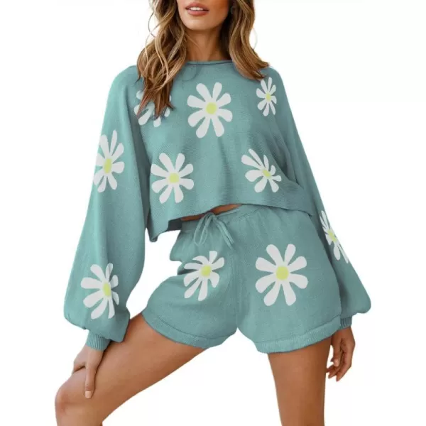 Ekouaer Knit Pajamas Set for Women Lounge Wear Sets Long Sleeve Sweatsuit Matching 2 Piece Outfits Casual Sweater Sets SXXLBfloral Peacock Blue