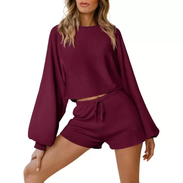 Ekouaer Knit Pajamas Set for Women Lounge Wear Sets Long Sleeve Sweatsuit Matching 2 Piece Outfits Casual Sweater Sets SXXLWine Red