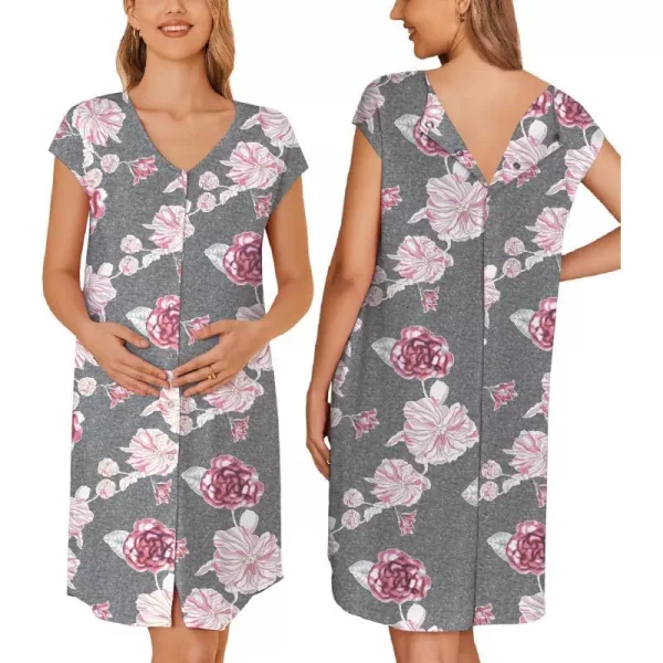 Ekouaer LaborDeliveryHospital Gown Nursing Nightgown Maternity Sleepwear With Pockets Postpartum Gowns with Button SXXLGray Flower