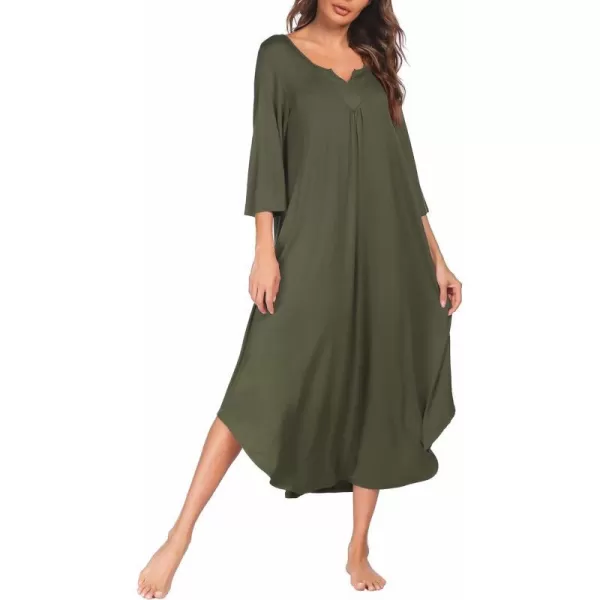 Ekouaer Long Nightgown for Women 34 Sleeves Nightshirt Maxi Sleep Dress Plus Size Loungewear Full Length SleepwearArmy Green