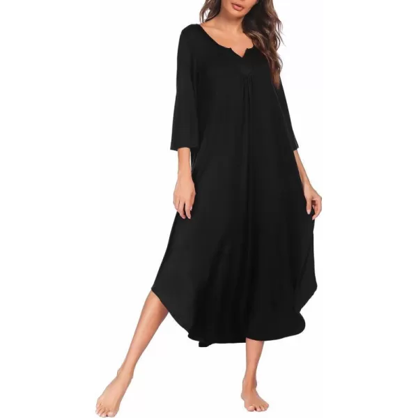 Ekouaer Long Nightgown for Women 34 Sleeves Nightshirt Maxi Sleep Dress Plus Size Loungewear Full Length SleepwearBlack