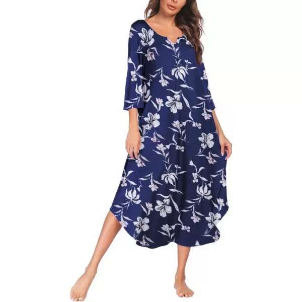 Ekouaer Long Nightgown for Women 34 Sleeves Nightshirt Maxi Sleep Dress Plus Size Loungewear Full Length SleepwearPat1