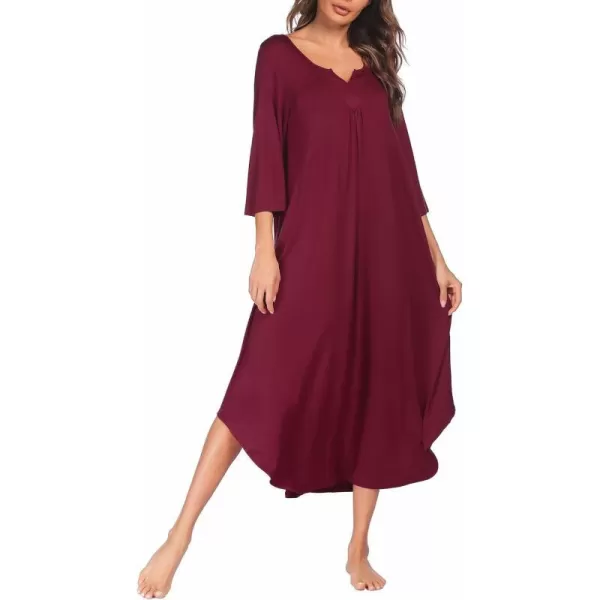 Ekouaer Long Nightgown for Women 34 Sleeves Nightshirt Maxi Sleep Dress Plus Size Loungewear Full Length SleepwearWine Red