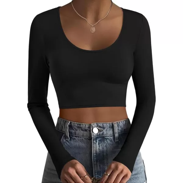 Ekouaer Long Sleeve Crop Tops for Women Scroop Neck Lightweight Basic Base Layer Soft Thermal Undershirts Shirts SXXLBlack