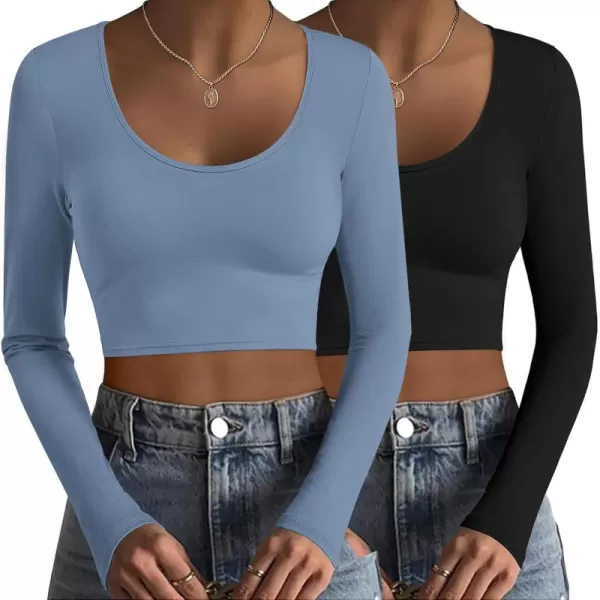 Ekouaer Long Sleeve Crop Tops for Women Scroop Neck Lightweight Basic Base Layer Soft Thermal Undershirts Shirts SXXLBlackHaze Blue