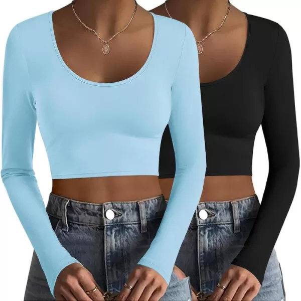 Ekouaer Long Sleeve Crop Tops for Women Scroop Neck Lightweight Basic Base Layer Soft Thermal Undershirts Shirts SXXLBlackLight Blue