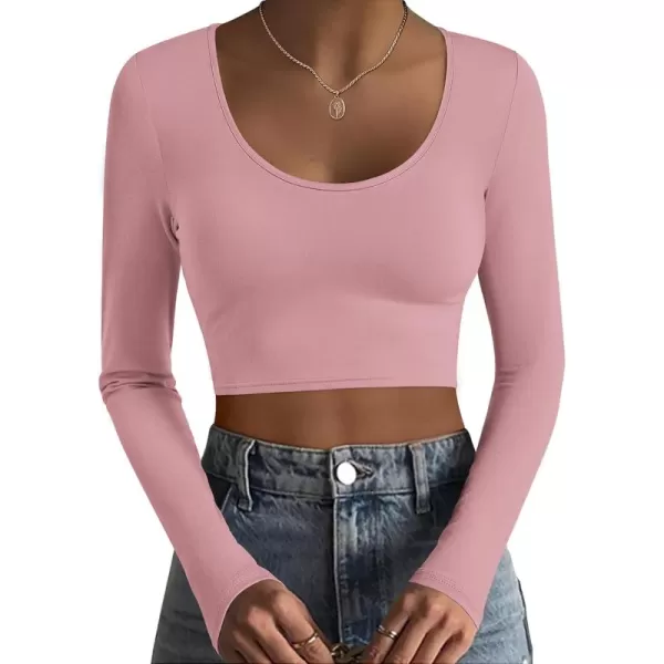 Ekouaer Long Sleeve Crop Tops for Women Scroop Neck Lightweight Basic Base Layer Soft Thermal Undershirts Shirts SXXLDusty Rose