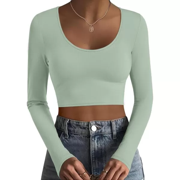 Ekouaer Long Sleeve Crop Tops for Women Scroop Neck Lightweight Basic Base Layer Soft Thermal Undershirts Shirts SXXLGreen