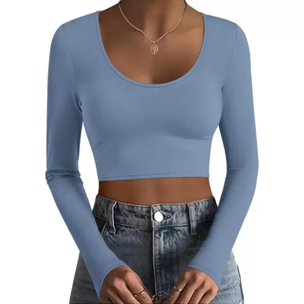 Ekouaer Long Sleeve Crop Tops for Women Scroop Neck Lightweight Basic Base Layer Soft Thermal Undershirts Shirts SXXLHaze Blue