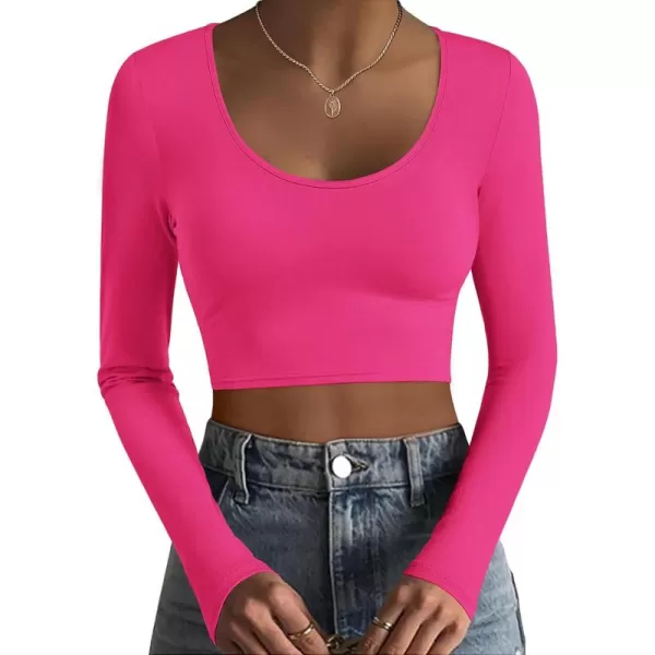 Ekouaer Long Sleeve Crop Tops for Women Scroop Neck Lightweight Basic Base Layer Soft Thermal Undershirts Shirts SXXLHot Pink