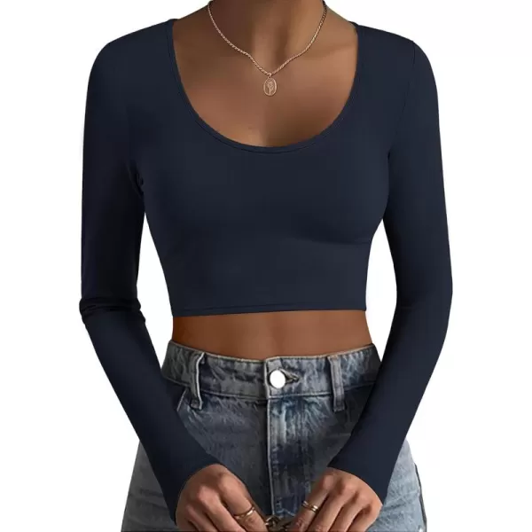 Ekouaer Long Sleeve Crop Tops for Women Scroop Neck Lightweight Basic Base Layer Soft Thermal Undershirts Shirts SXXLNavy Blue