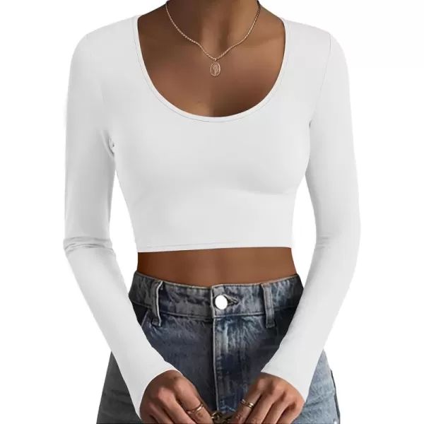 Ekouaer Long Sleeve Crop Tops for Women Scroop Neck Lightweight Basic Base Layer Soft Thermal Undershirts Shirts SXXLWhite