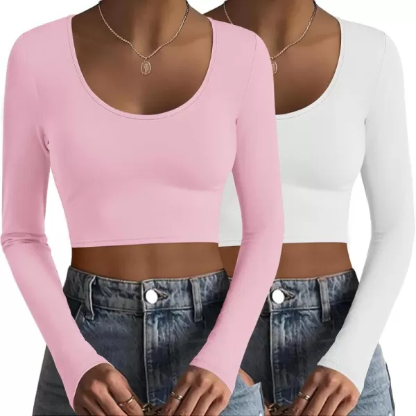 Ekouaer Long Sleeve Crop Tops for Women Scroop Neck Lightweight Basic Base Layer Soft Thermal Undershirts Shirts SXXLWhitePink