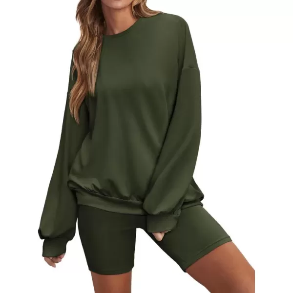 Ekouaer Lounge Set Womens 2 Pieces Outfits Oversized Long Sleeve Sweatshirts Biker Shorts SweatsuitsArmy Green