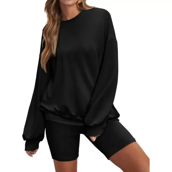 Ekouaer Lounge Set Womens 2 Pieces Outfits Oversized Long Sleeve Sweatshirts Biker Shorts SweatsuitsBlack