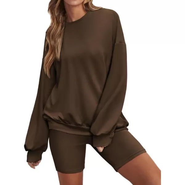 Ekouaer Lounge Set Womens 2 Pieces Outfits Oversized Long Sleeve Sweatshirts Biker Shorts SweatsuitsBrown