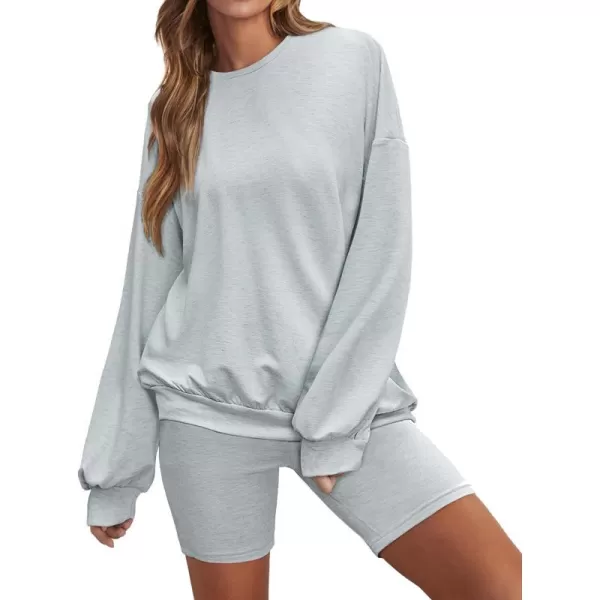 Ekouaer Lounge Set Womens 2 Pieces Outfits Oversized Long Sleeve Sweatshirts Biker Shorts SweatsuitsGrey