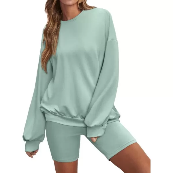 Ekouaer Lounge Set Womens 2 Pieces Outfits Oversized Long Sleeve Sweatshirts Biker Shorts SweatsuitsLight Green