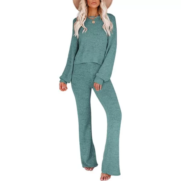 Ekouaer Lounge Sets for Women 2 Piece Knit Sets Cozy Off Shoulder Sweater Outfits Pullover and Wide Leg Pants PajamasLight Blue