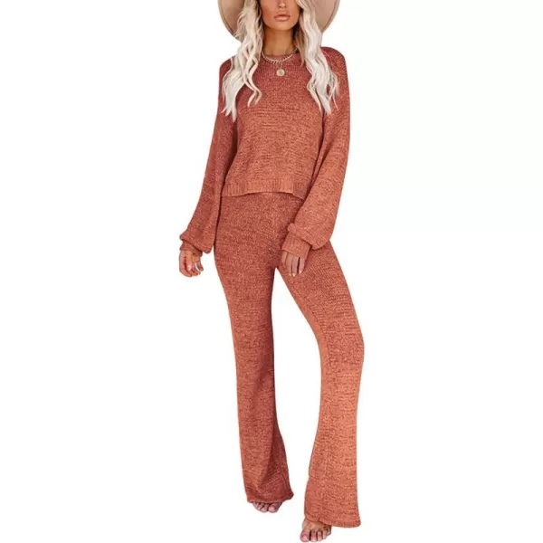 Ekouaer Lounge Sets for Women 2 Piece Knit Sets Cozy Off Shoulder Sweater Outfits Pullover and Wide Leg Pants PajamasLight Brown