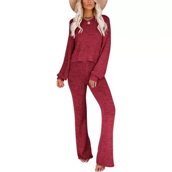 Ekouaer Lounge Sets for Women 2 Piece Knit Sets Cozy Off Shoulder Sweater Outfits Pullover and Wide Leg Pants PajamasWine Red