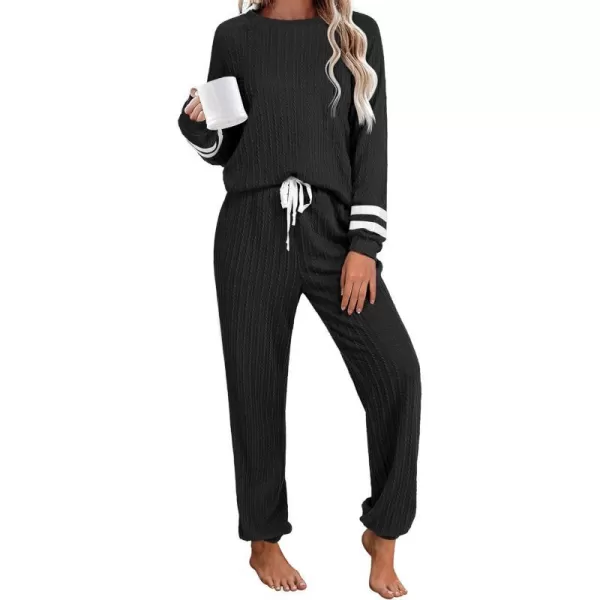 Ekouaer Lounge Sets for Women Ribbed Knit Outfits Pajamas Sets 2 Piece Long Sleeve Sweatsuits with PocketsBlack