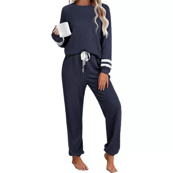 Ekouaer Lounge Sets for Women Ribbed Knit Outfits Pajamas Sets 2 Piece Long Sleeve Sweatsuits with PocketsBlue