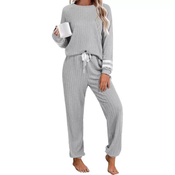 Ekouaer Lounge Sets for Women Ribbed Knit Outfits Pajamas Sets 2 Piece Long Sleeve Sweatsuits with PocketsGrey